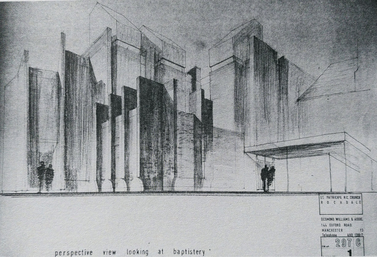 1960s architecture rough sketch of tall, brutalist buildings as a design for a catheral, with silhoutted figures in foreground. Text at bottom reads 