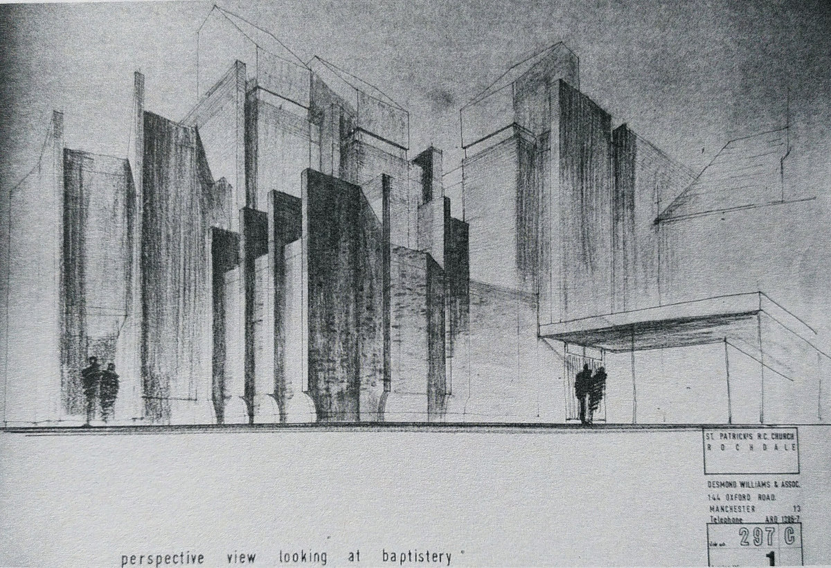 1960s architecture rough sketch of tall, brutalist buildings as a design for a catheral, with silhoutted figures in foreground. Text at bottom reads "perspective view looking at baptistery"