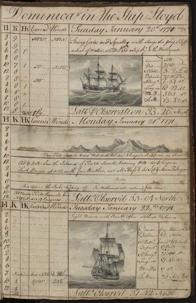 Scan of an old sailing ship's log, a table written on parchment paper with various columns with numbers, handwritten text for events, and some images of the boat in question.