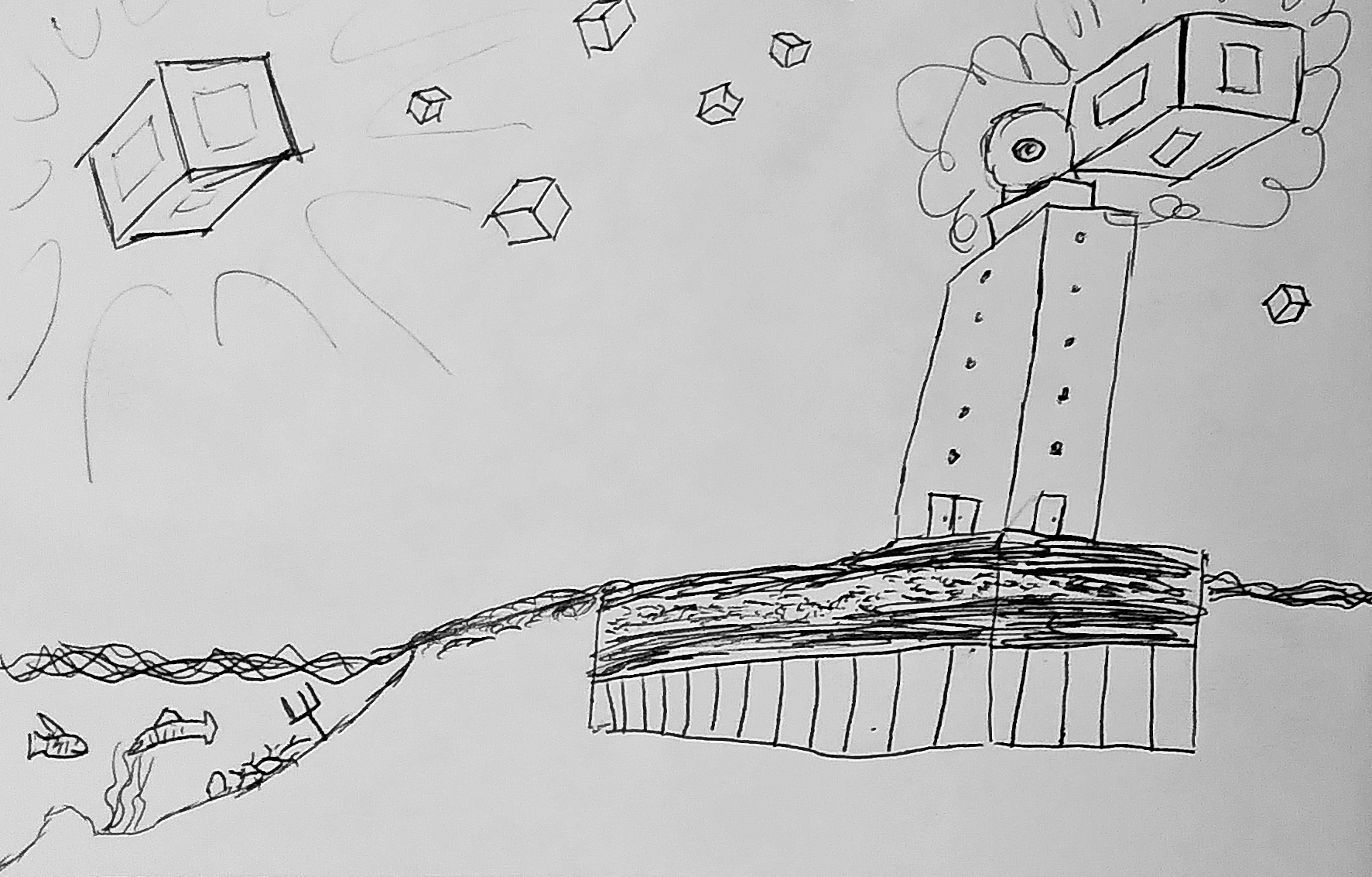 A handdrawn black and white line-drawing picture with floating cubes, a brutalist lighthouse, and a sea filled with fish.